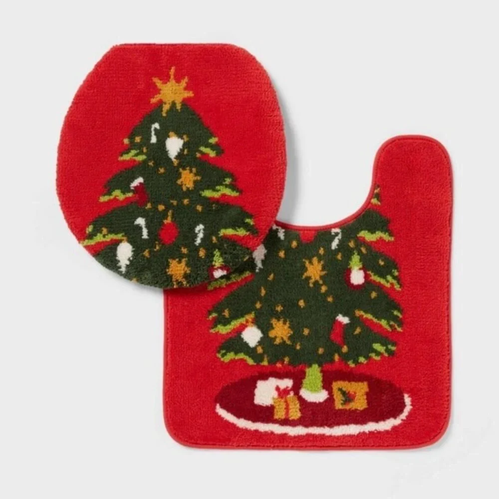 WonderShop 2-Pc Christmas Tree Toilet Lid Cover & Contour Rug Set Red | Holiday